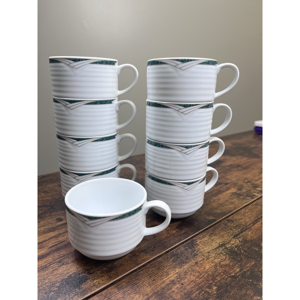 Lot Of 9 Contemporary Noritake Tea Cups Arctic Green Ribbed Very Nice